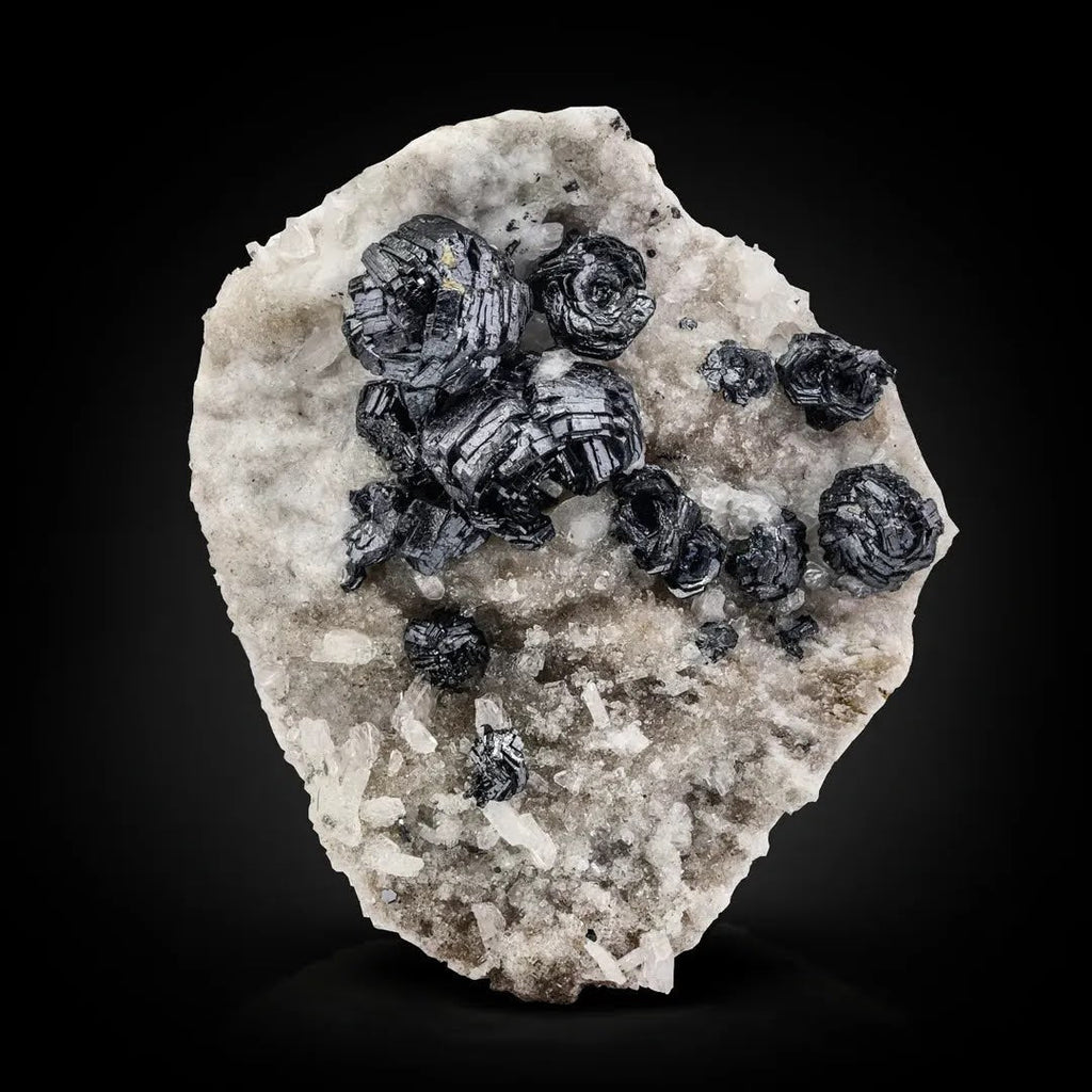 Round Rossetts of Metallic Mustrous Hematite Crystals on Albite from Pakistan