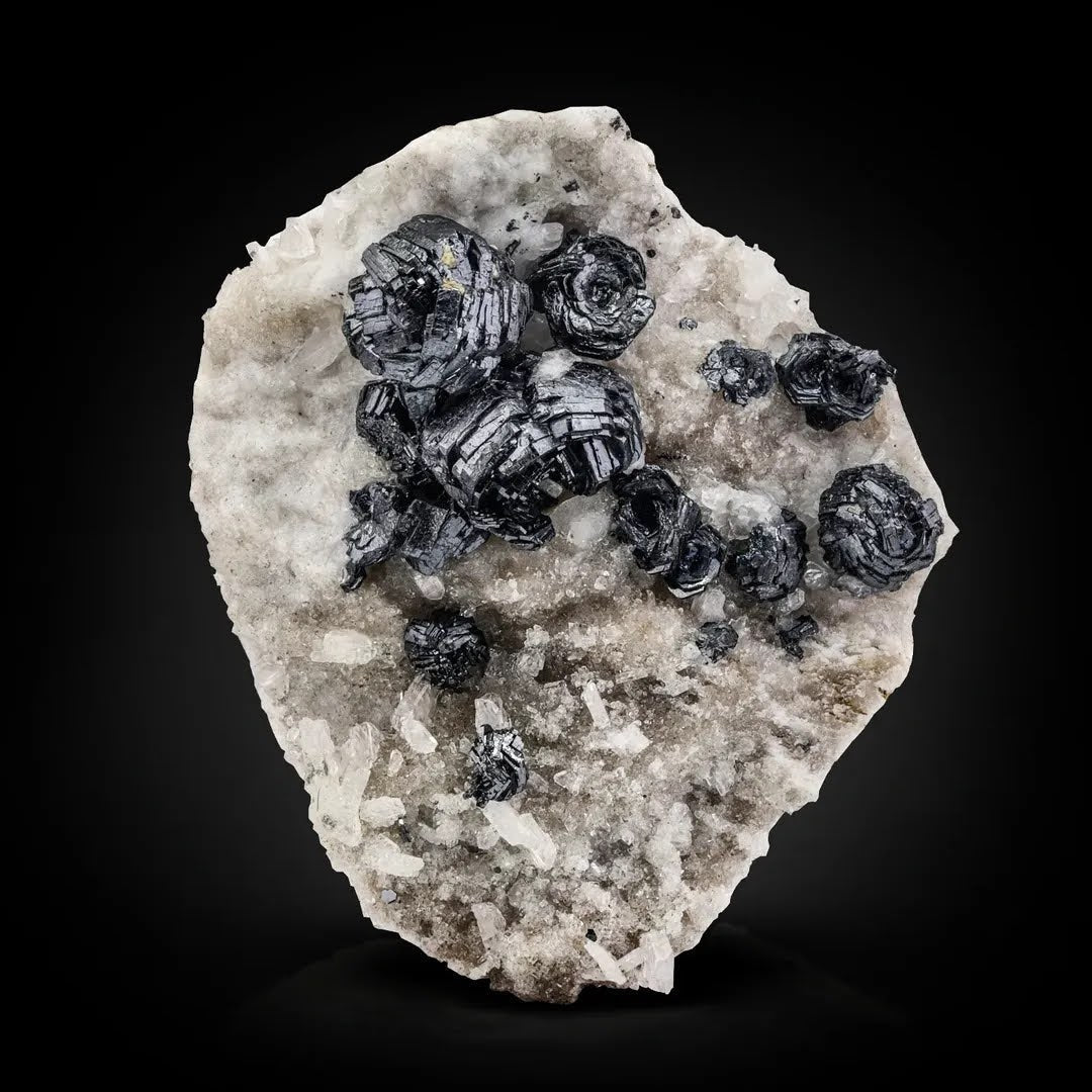 Round Rossetts of Metallic Mustrous Hematite Crystals on Albite from Pakistan