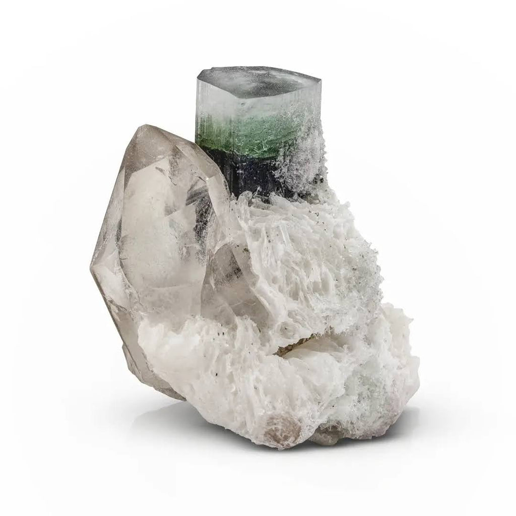 Bi color Tourmaline Crystal on Smoky Quartzand Albite from Pakistan