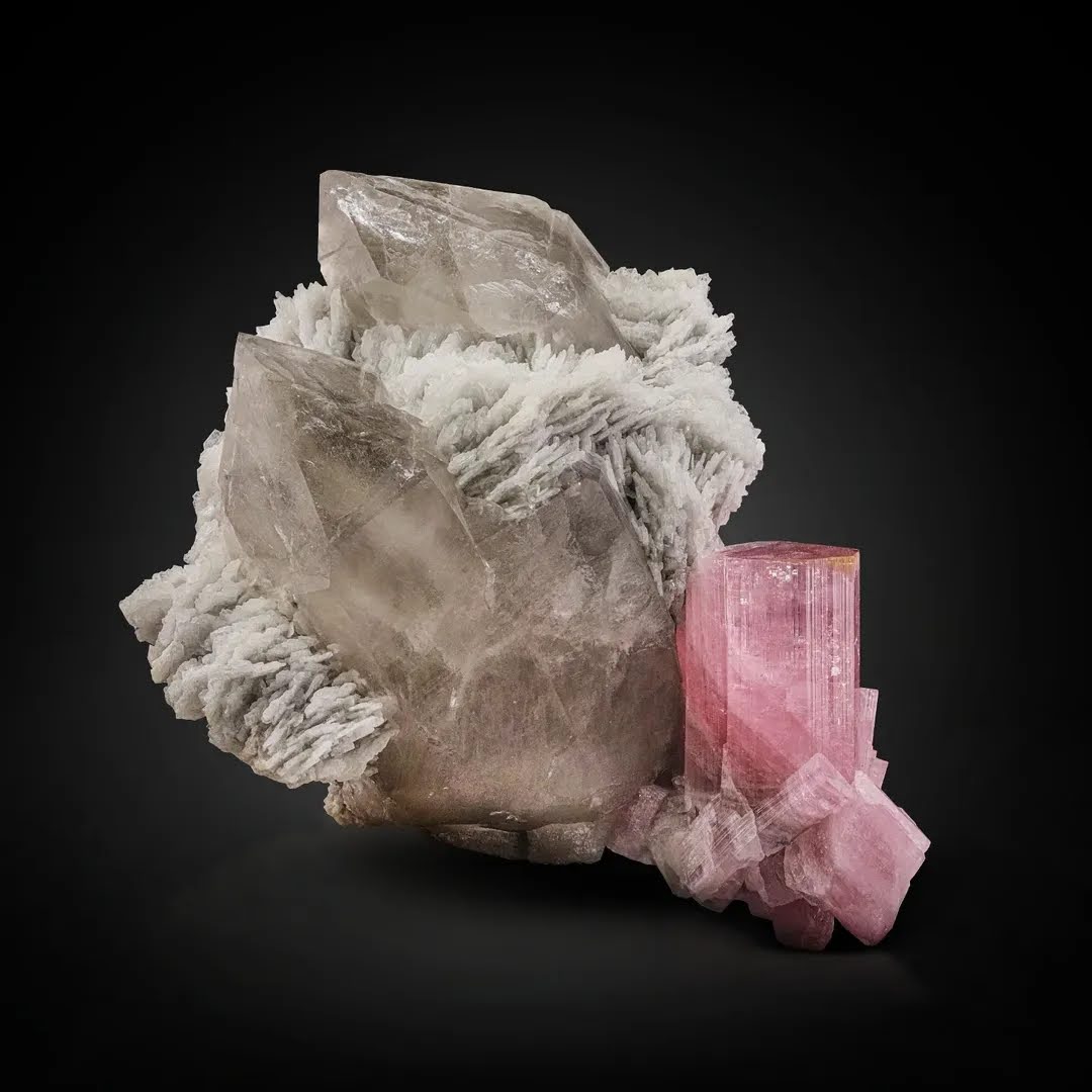Pink Tourmaline Crystal Positioned on Smoky Quartz with Cleavelandite from Afghanistan