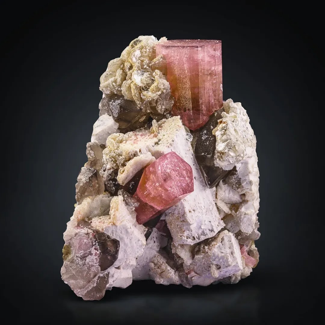 Pink Tourmaline Crystals Positioned on Albite with Smoky Quartz from Afghanistan