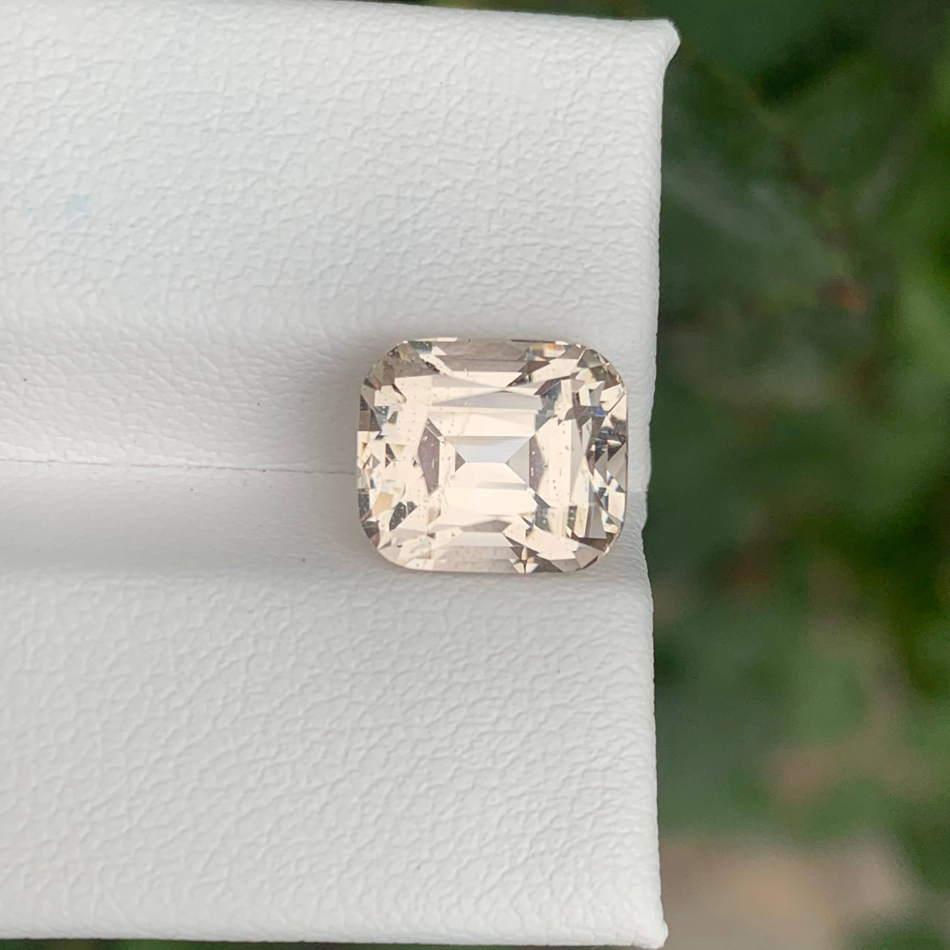 5.80 Carats Quality Peach Topaz Stone Cushion Cut Natural Pakistani Gemstone on a white stand with green leaves in the background