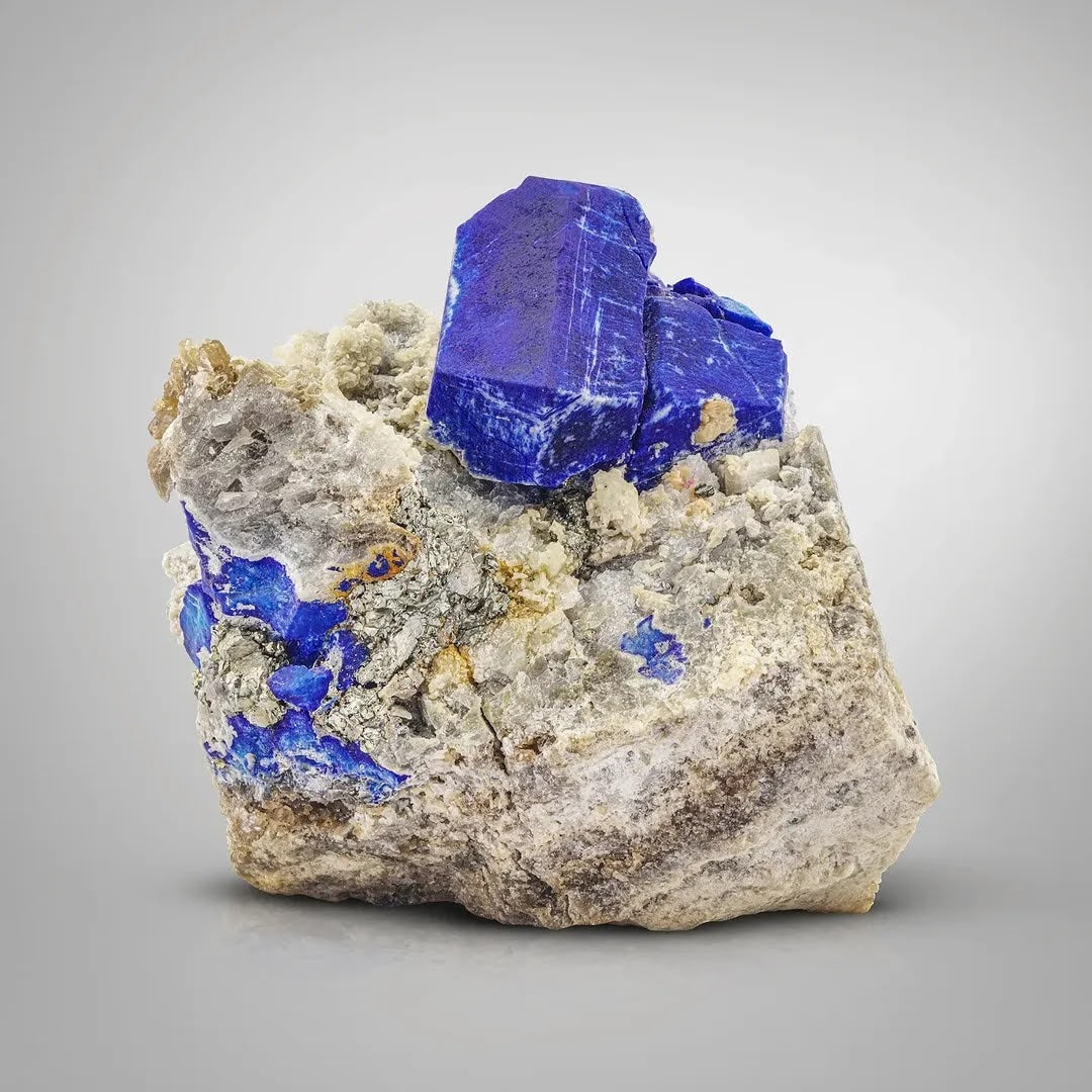 Blue Lazurite Crystal on Calcite with Pyrite from Afghanistan