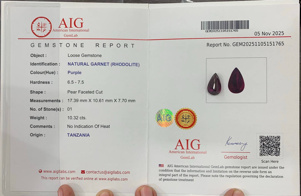 10.32 Carat AIG Certified Untreated Rhodolite Garnet Pear Cut From Tanzania