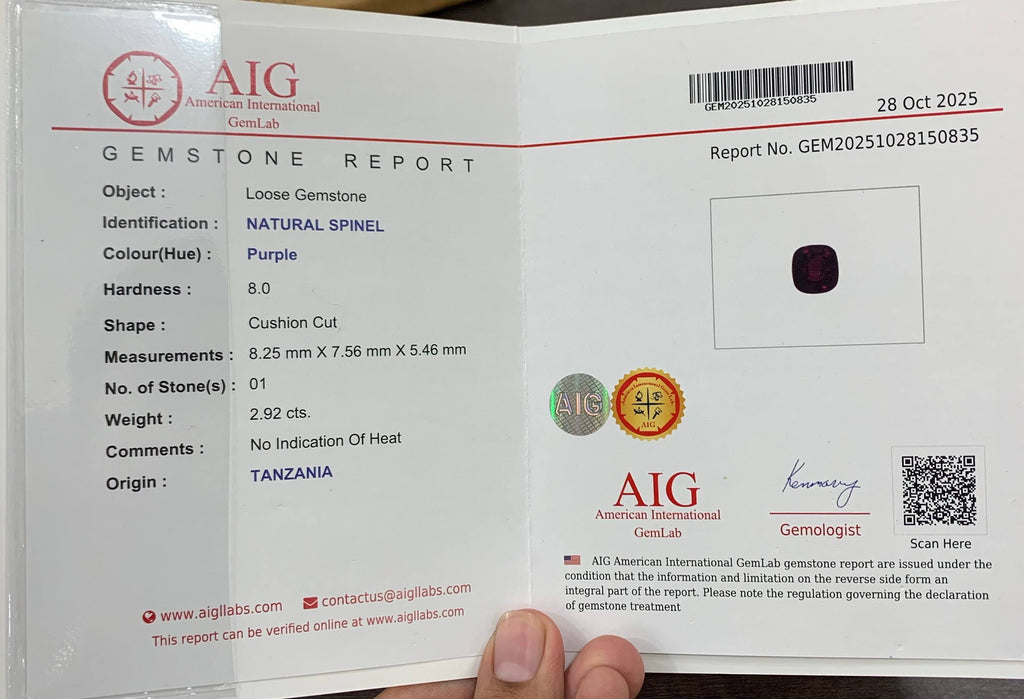 2.92 Carat Certified Purple Spinel Cushion Cut Tanzania Gemstone