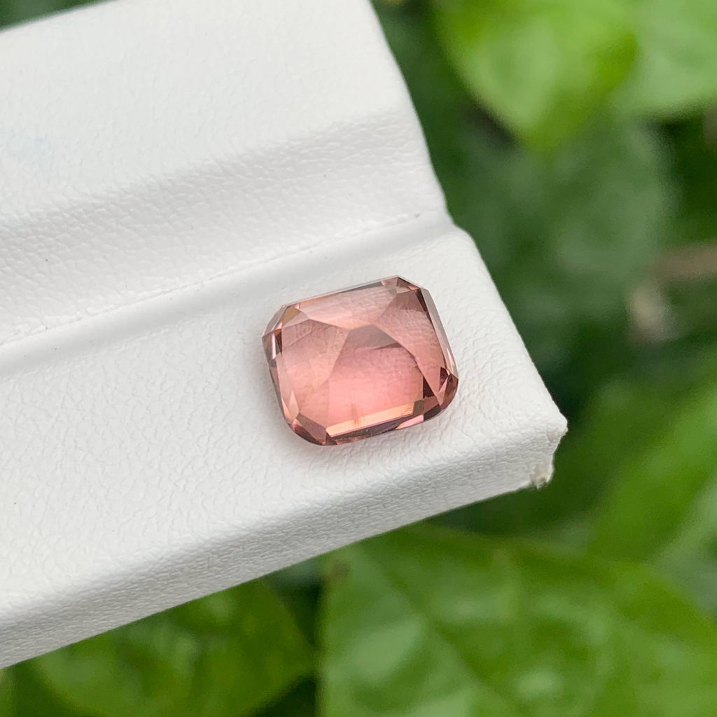 4.35 Carats Pink Tourmaline Stone Cushion Cut Natural Afghan Gemstone on a white stand with green leaves in the background
