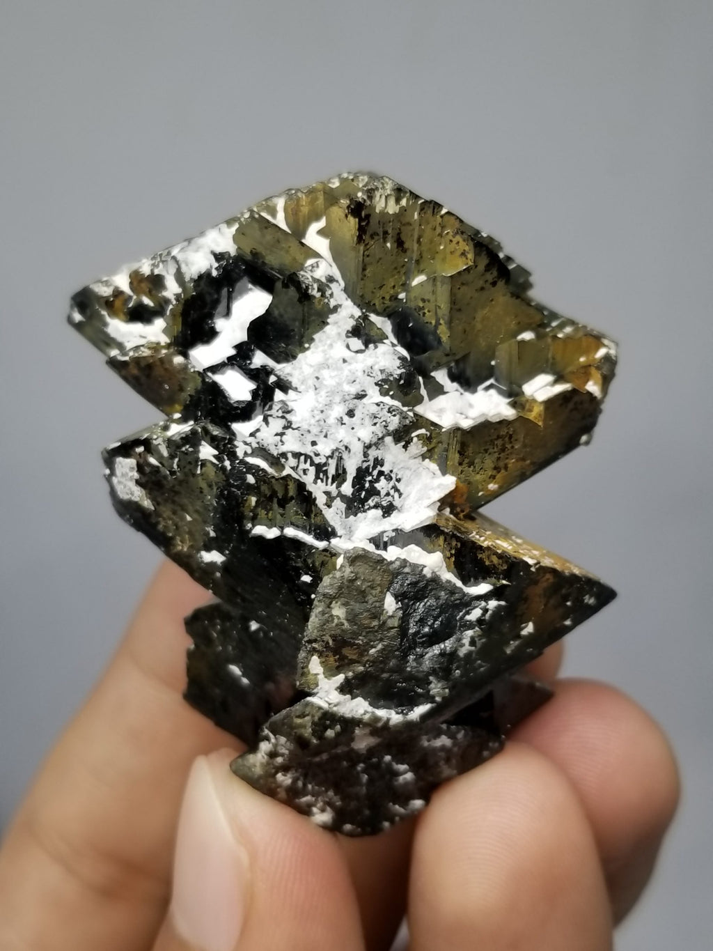Mineral specimen held in hand against a gray background at Gandhara Fine Minerals