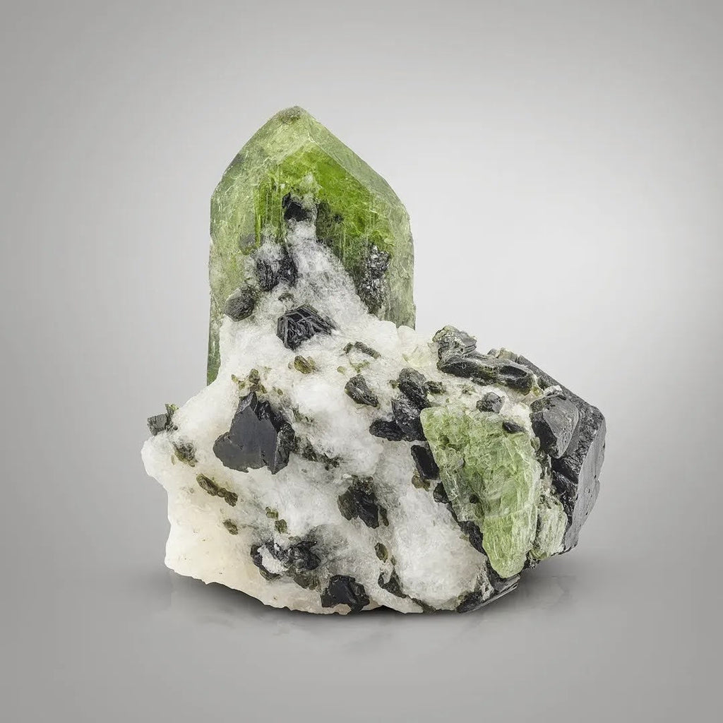 Free Standing Green Diopside Crystal on Calcite from Afghanistan
