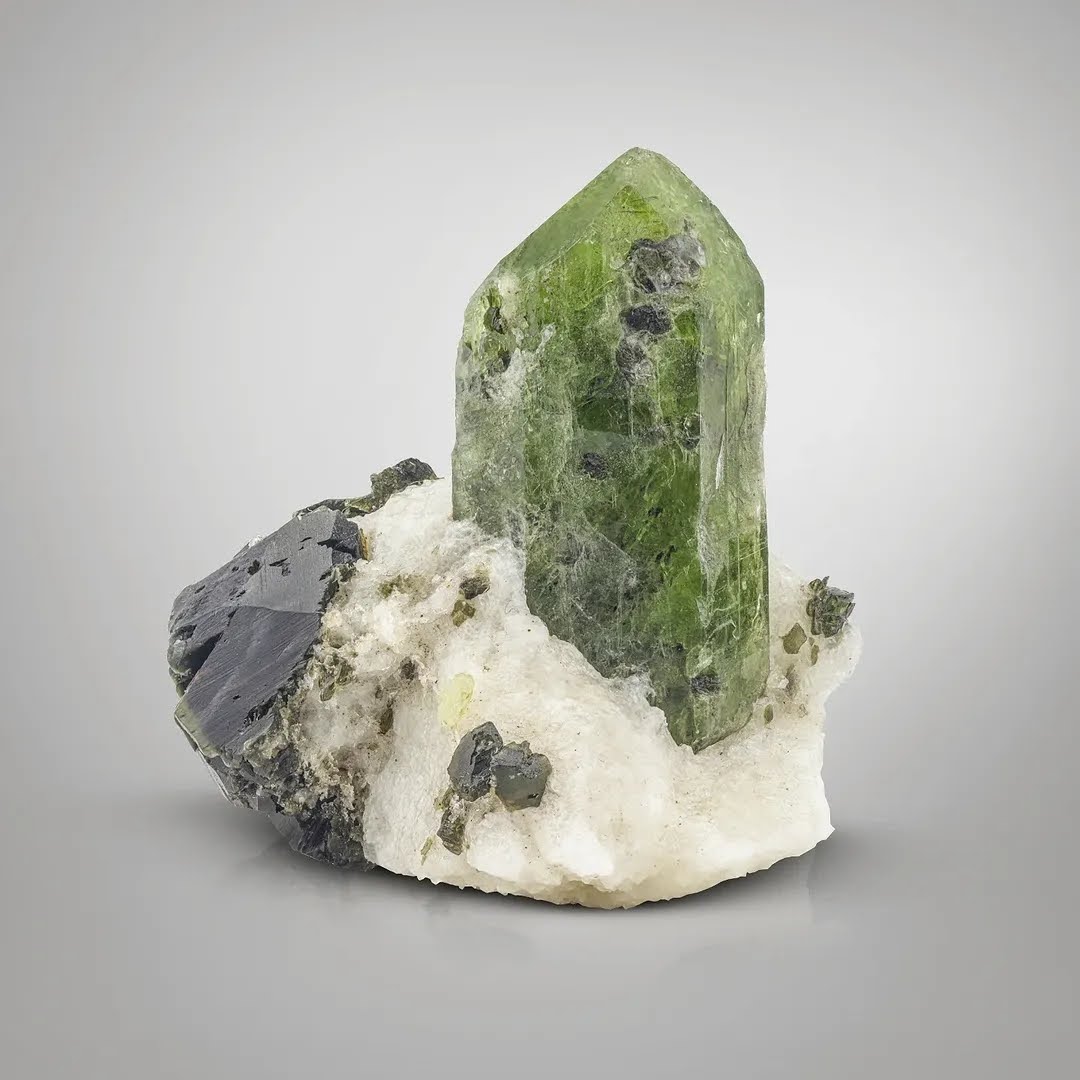 Free Standing Green Diopside Crystal on Calcite from Afghanistan