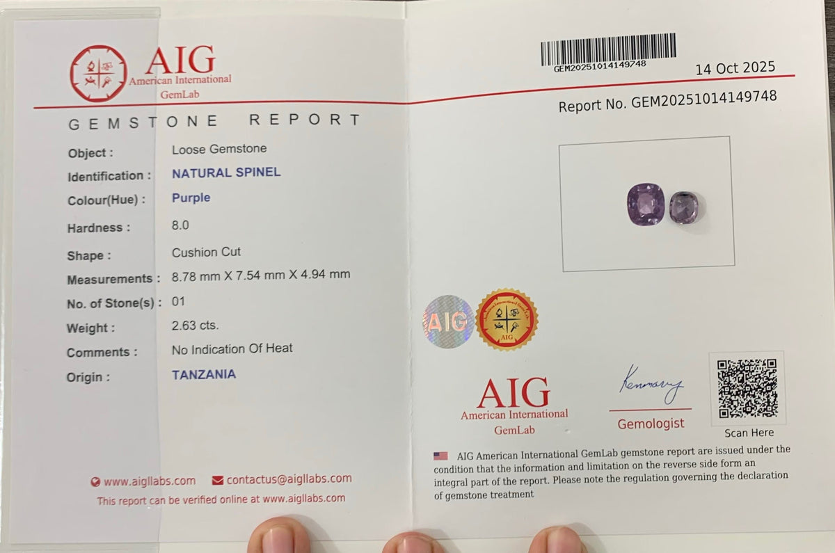 2.63 Carat AIG Certified Natural Purple Spinel Cushion Cut Tanzania Untreated Gemstone