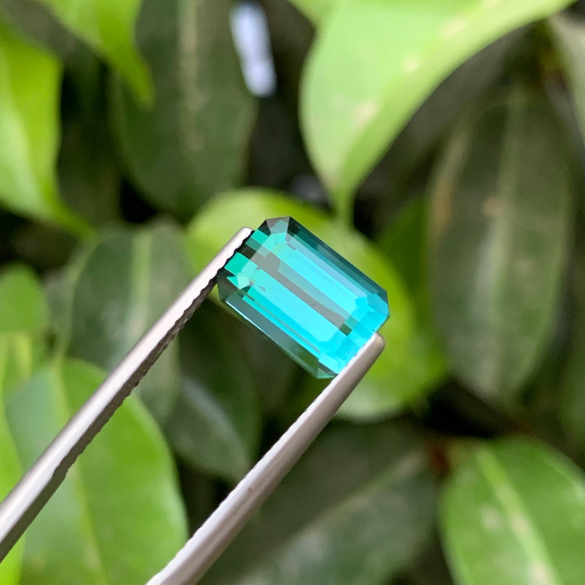 3.65 Carats Greenish Tourmaline Emerald-cut green gemstone on a white background