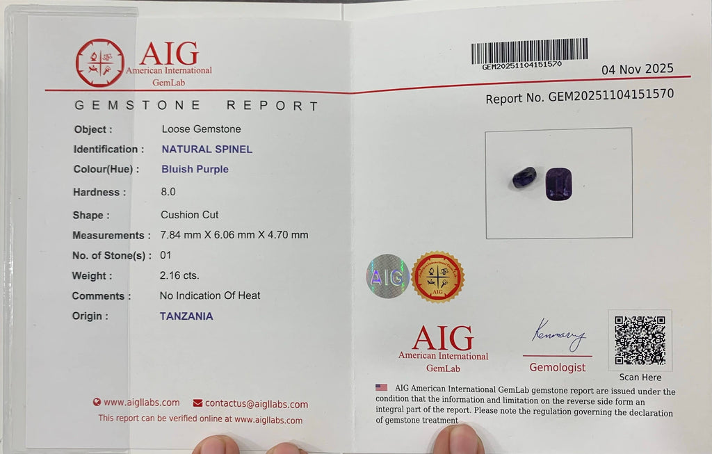 AIG Certified 2.16 Carat Purple Spinel Tanzania VVS Untreated