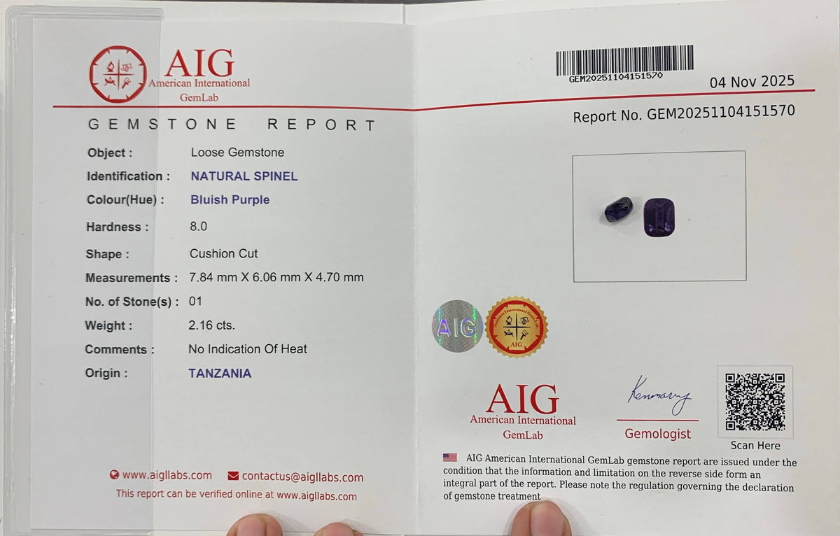 AIG Certified 2.16 Carat Purple Spinel Tanzania VVS Untreated