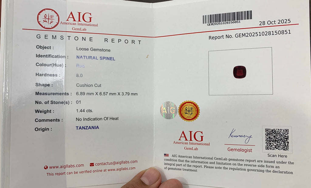 1.44 Carat Natural Loose Certified Red Spinel Cushion Cut Tanzanian Gemstone