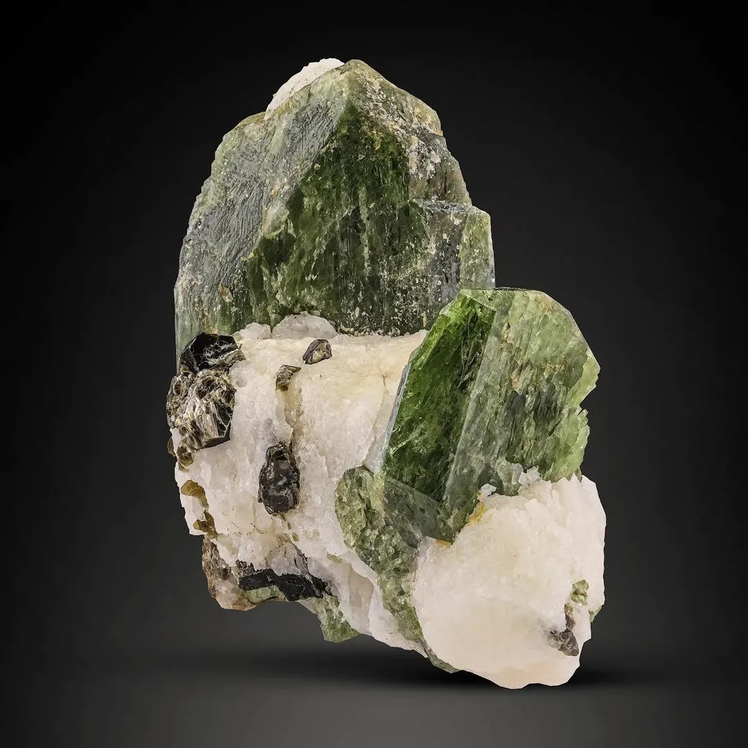 Apple Green Tabular Diopside Crystals on White Calcite from Afghanistan