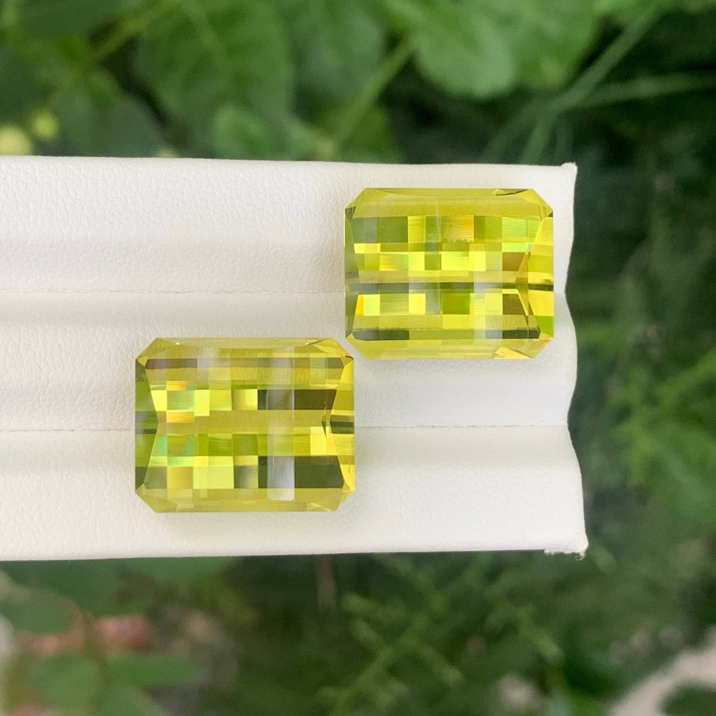 38.40 Carat Lemon Color Citrine Pair Pixel Cut African Gemstones