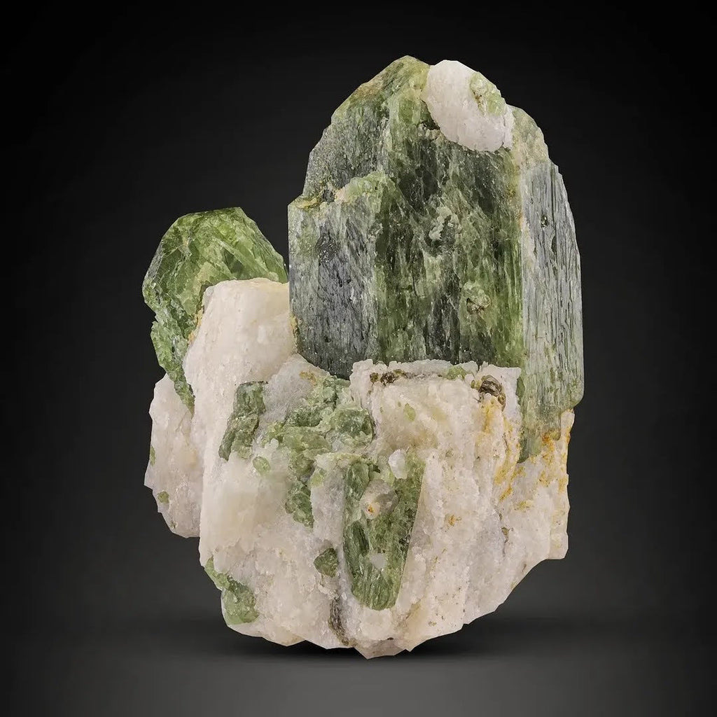Apple Green Tabular Diopside Crystals on White Calcite from Afghanistan