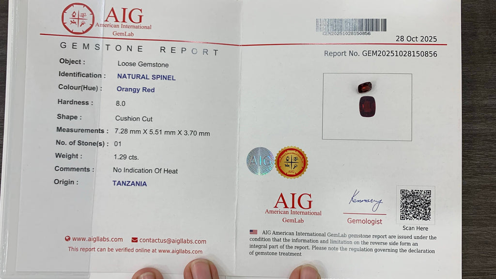 1.29 Carat Natural Loose Certified Red Spinel Cushion Cut Tanzanian Gemstone