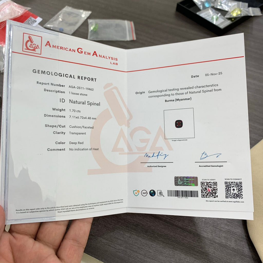 A gemological report certificate from American Gem Analysis Lab held in a hand, showing detailed specifications and a small inset of a red spinel gemstone.