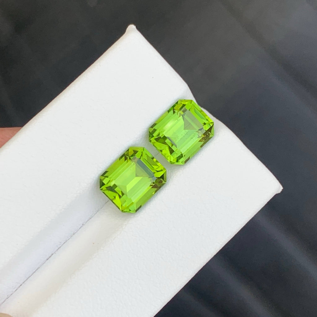 6.80 Carat Natural Loose Apple Color Peridot Pair Emerald Cut Pakistan Gemstones