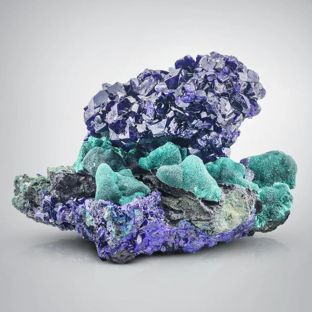 Electric Blue Azurite Crystal Cluster on Forest Green Malachite from China