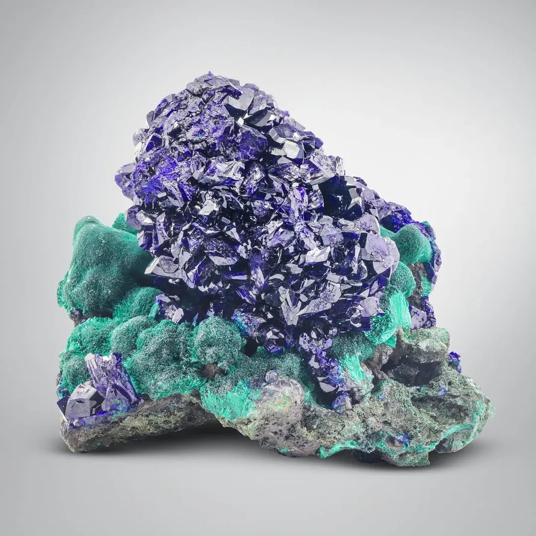 Electric Blue Azurite Crystal Cluster on Forest Green Malachite from China