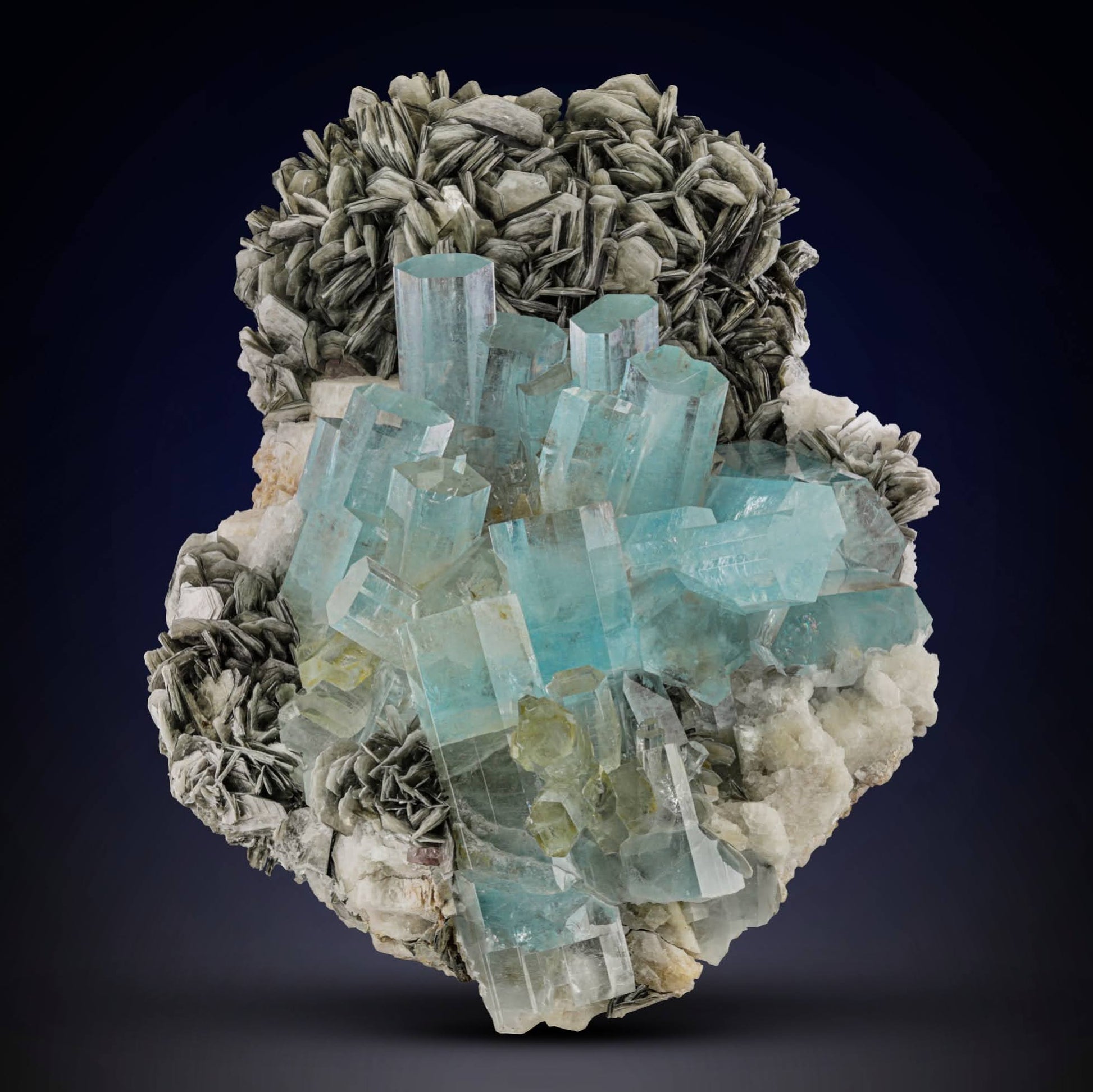 Aquamarine Crystals Cluster on Muscovite with Apatite From Pakistan
