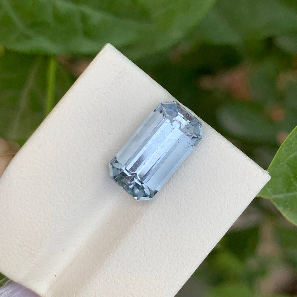 Faceted gemstone on a beige stone with green leaves in the background