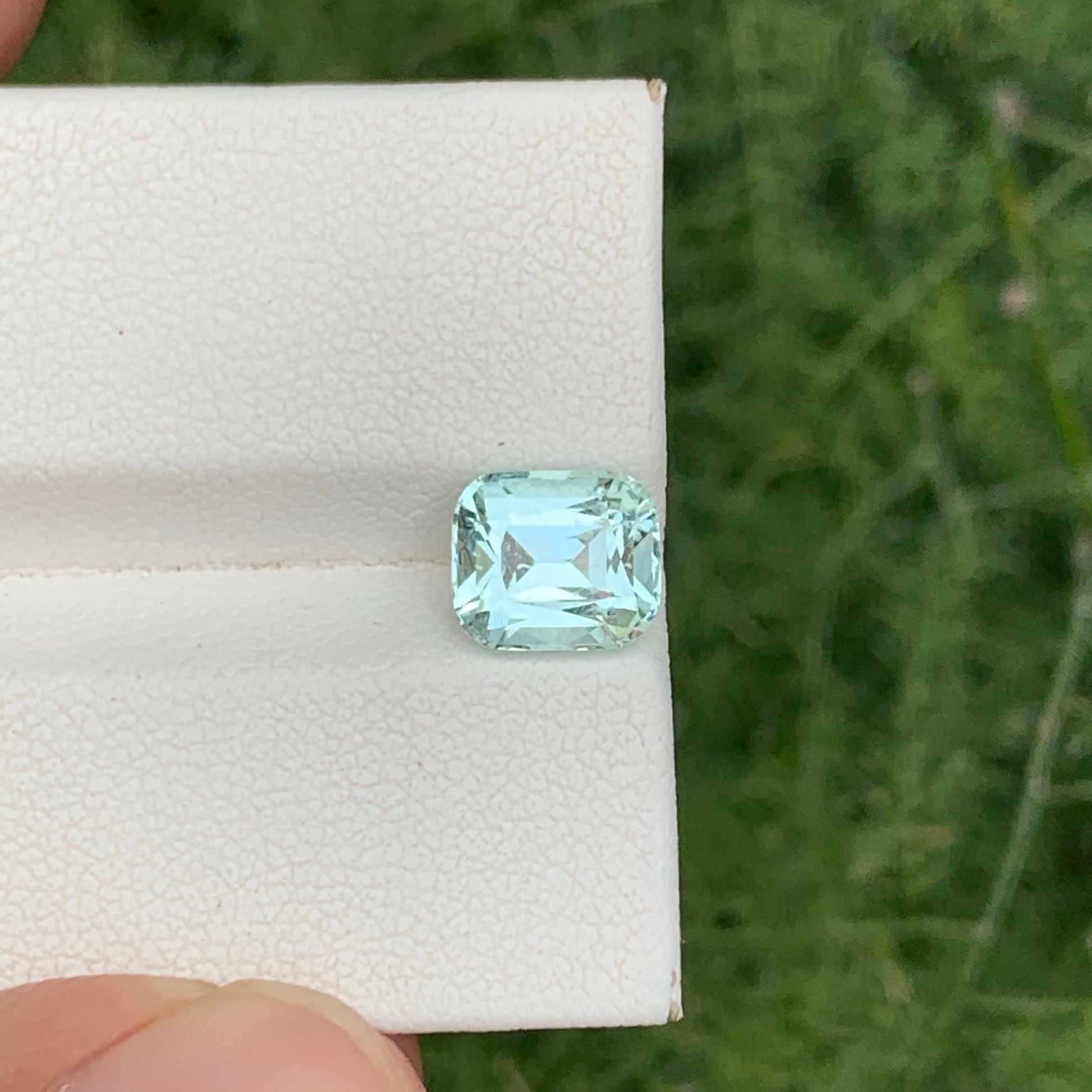 Faceted gemstone on a white cloth with a blurred green background