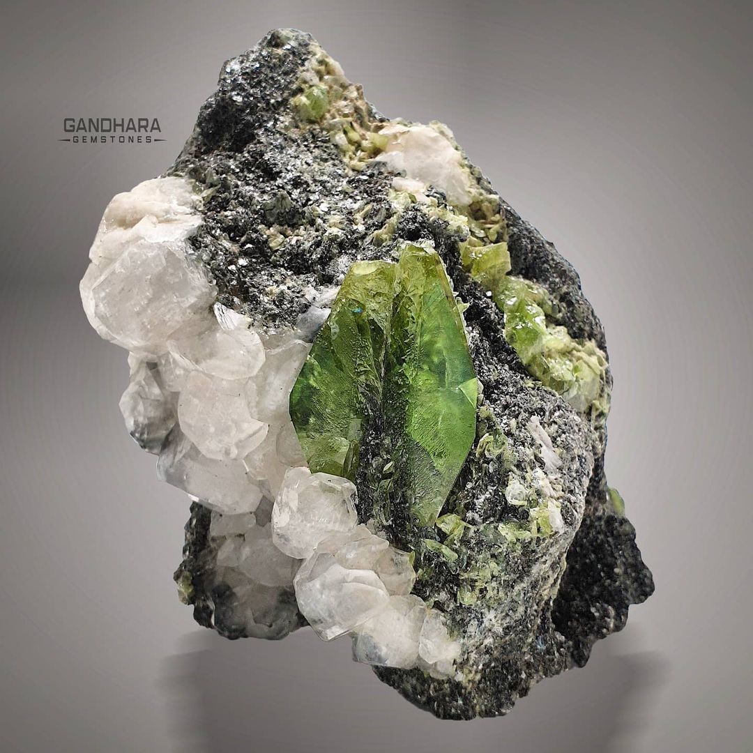 246 Grams Apple Green Sphene Crystal on Matrix with Calcite