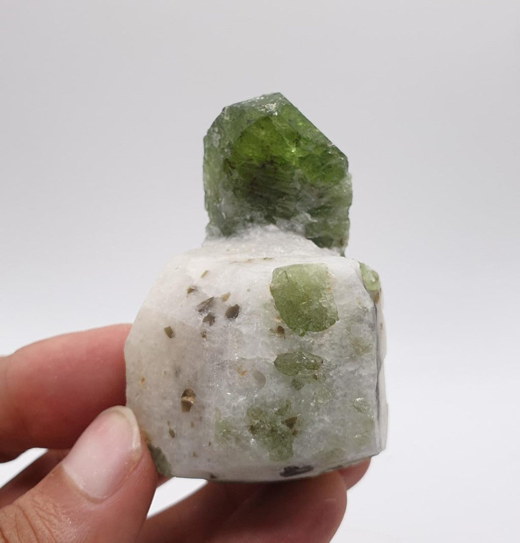 Apple-Green Gem Diopside Crystal On Creamy White Calcite