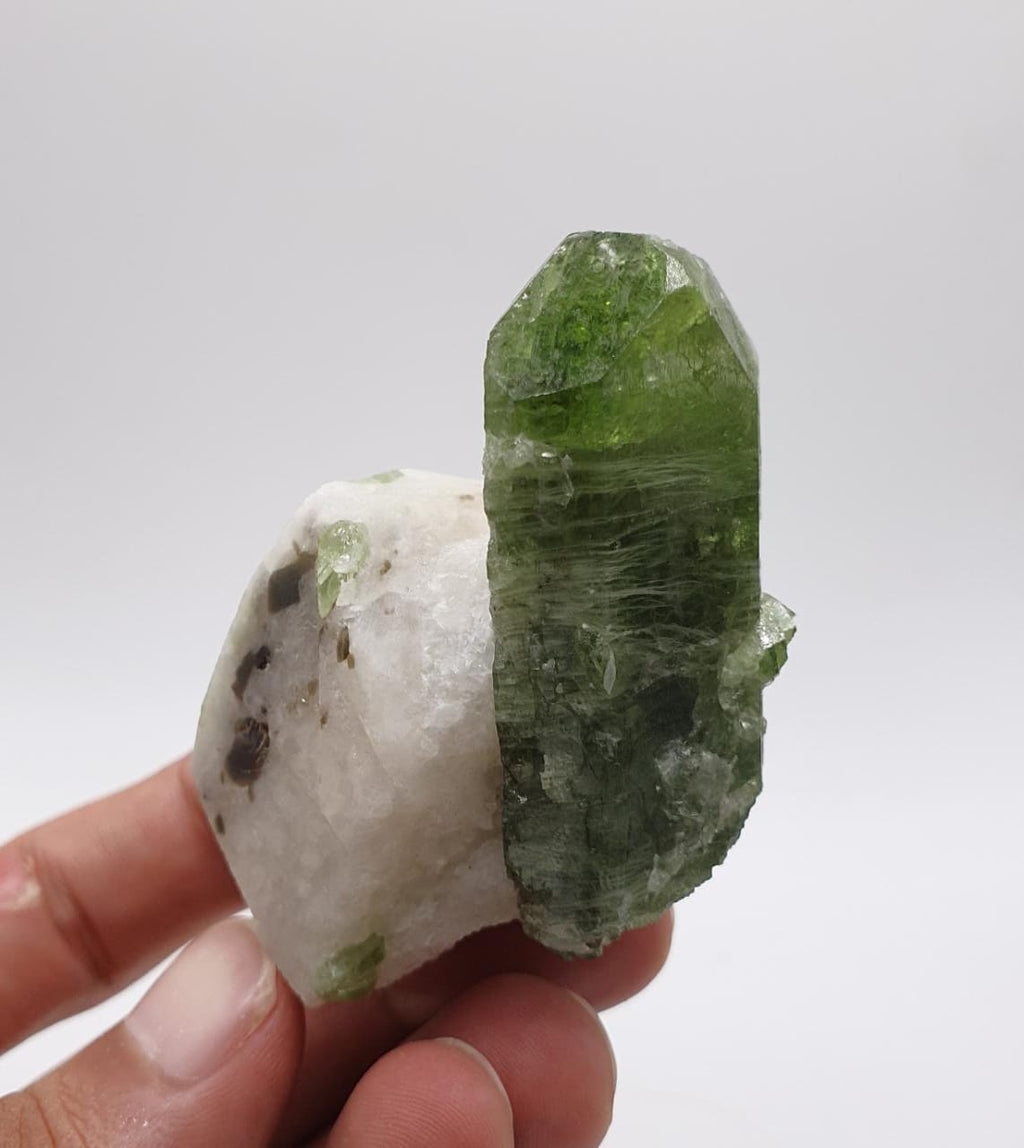 Apple-Green Gem Diopside Crystal On Creamy White Calcite