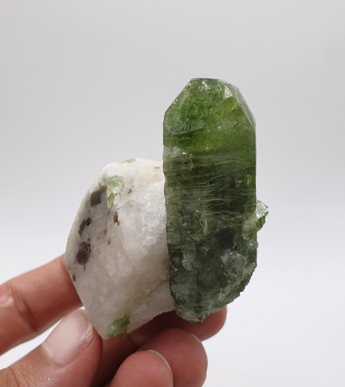 Apple-Green Gem Diopside Crystal On Creamy White Calcite
