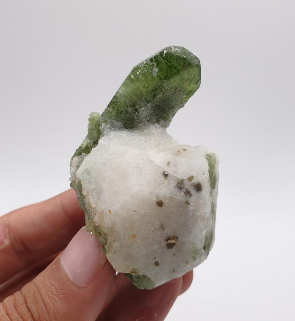 Apple-Green Gem Diopside Crystal On Creamy White Calcite