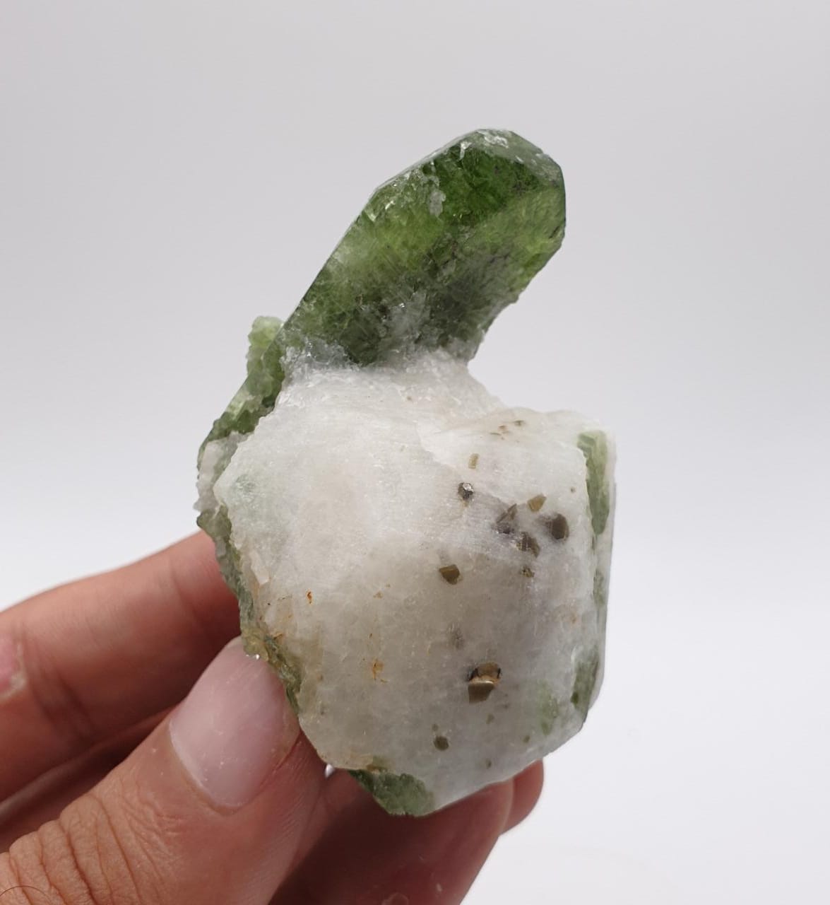 Apple-Green Gem Diopside Crystal On Creamy White Calcite