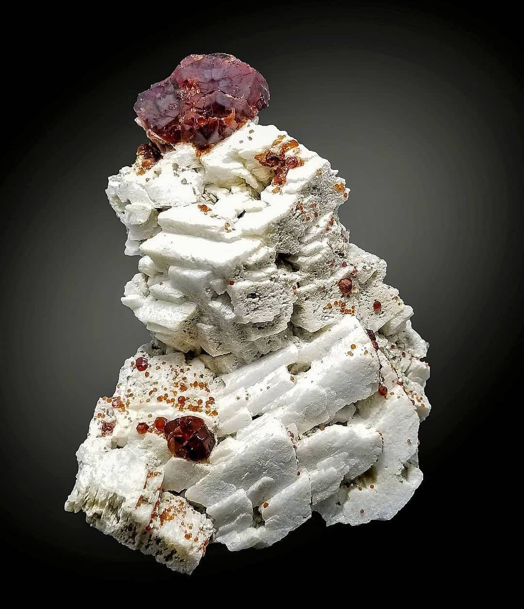 Spessartine Cluster on Albite Matrix with black background at Gandhara Fine Minerals 