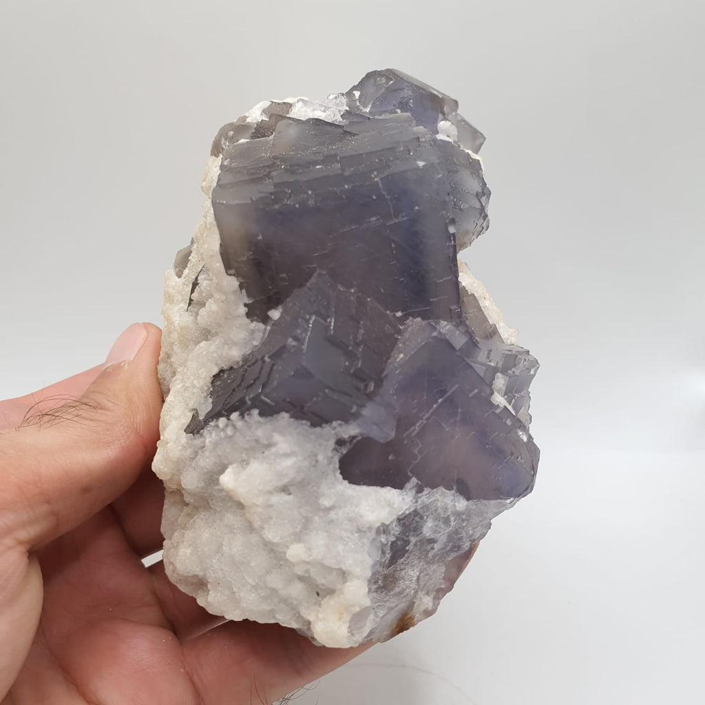 Blue Zone Purple Fluorite Crystals With Creamy White Calcite