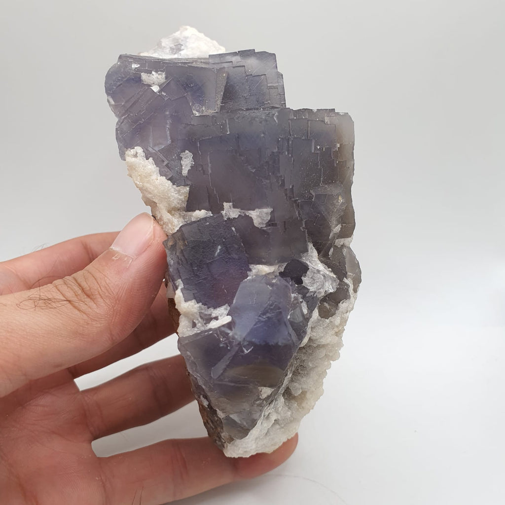 Blue Zone Purple Fluorite Crystals With Creamy White Calcite