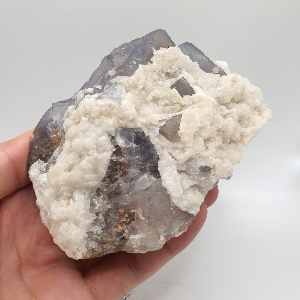 Blue Zone Purple Fluorite Crystals With Creamy White Calcite