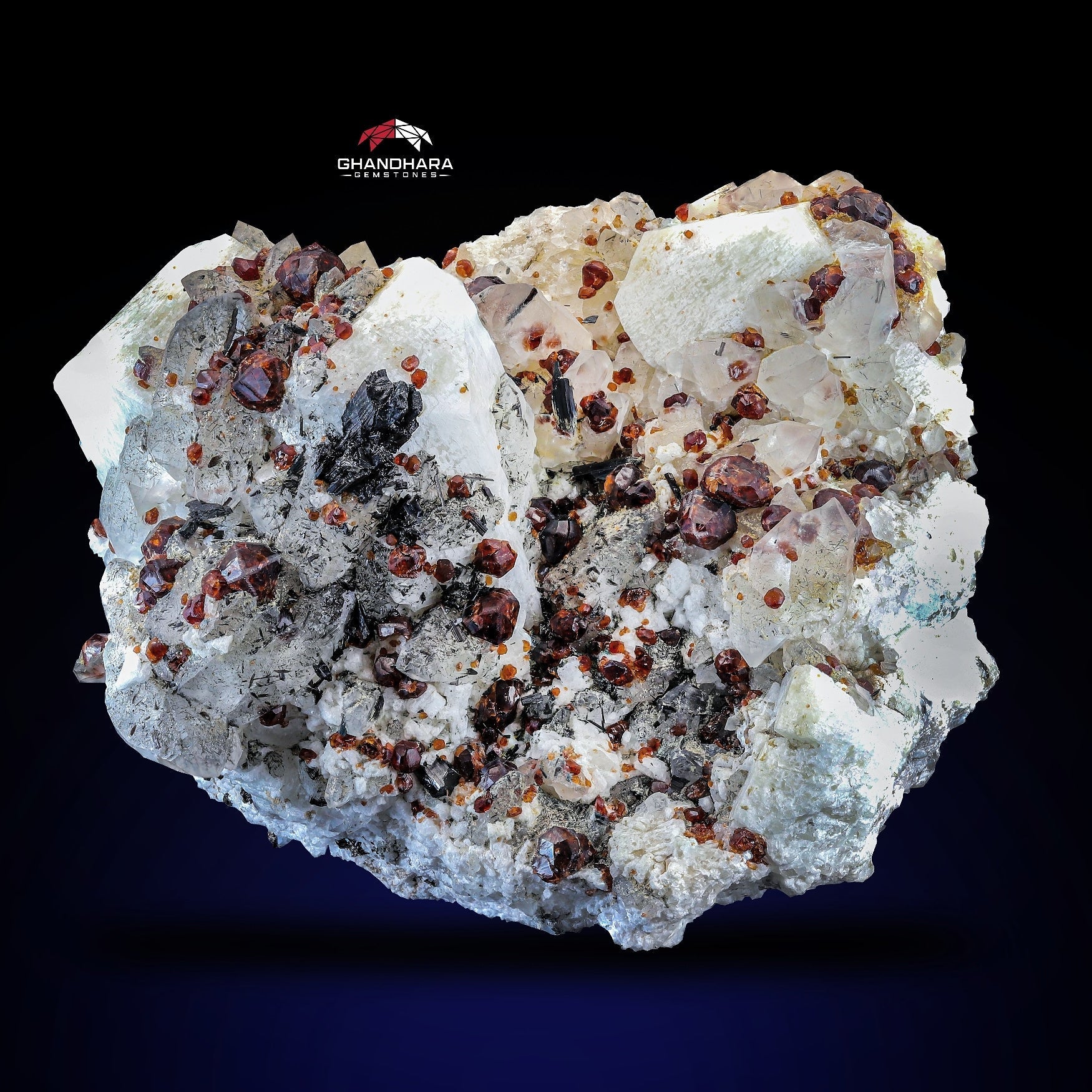 Colorful Vibrant Red Spessartine Garnet Crystals On Albite With Black Tourmaline