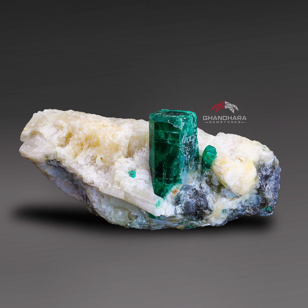 Elongated Focal Gem Emerald Crystal Nicely Positioned on Creamy White Calcite