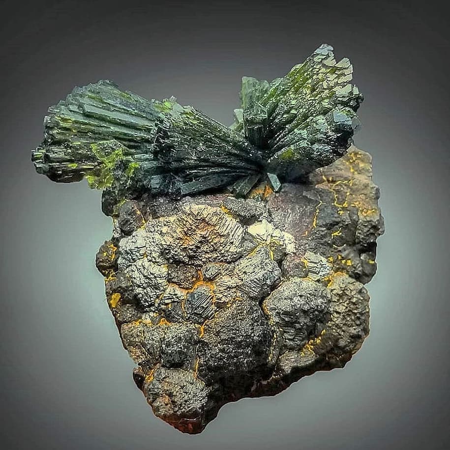 38.9 Grams Epidote Crystals on Magnetite Matrix with Pyrite