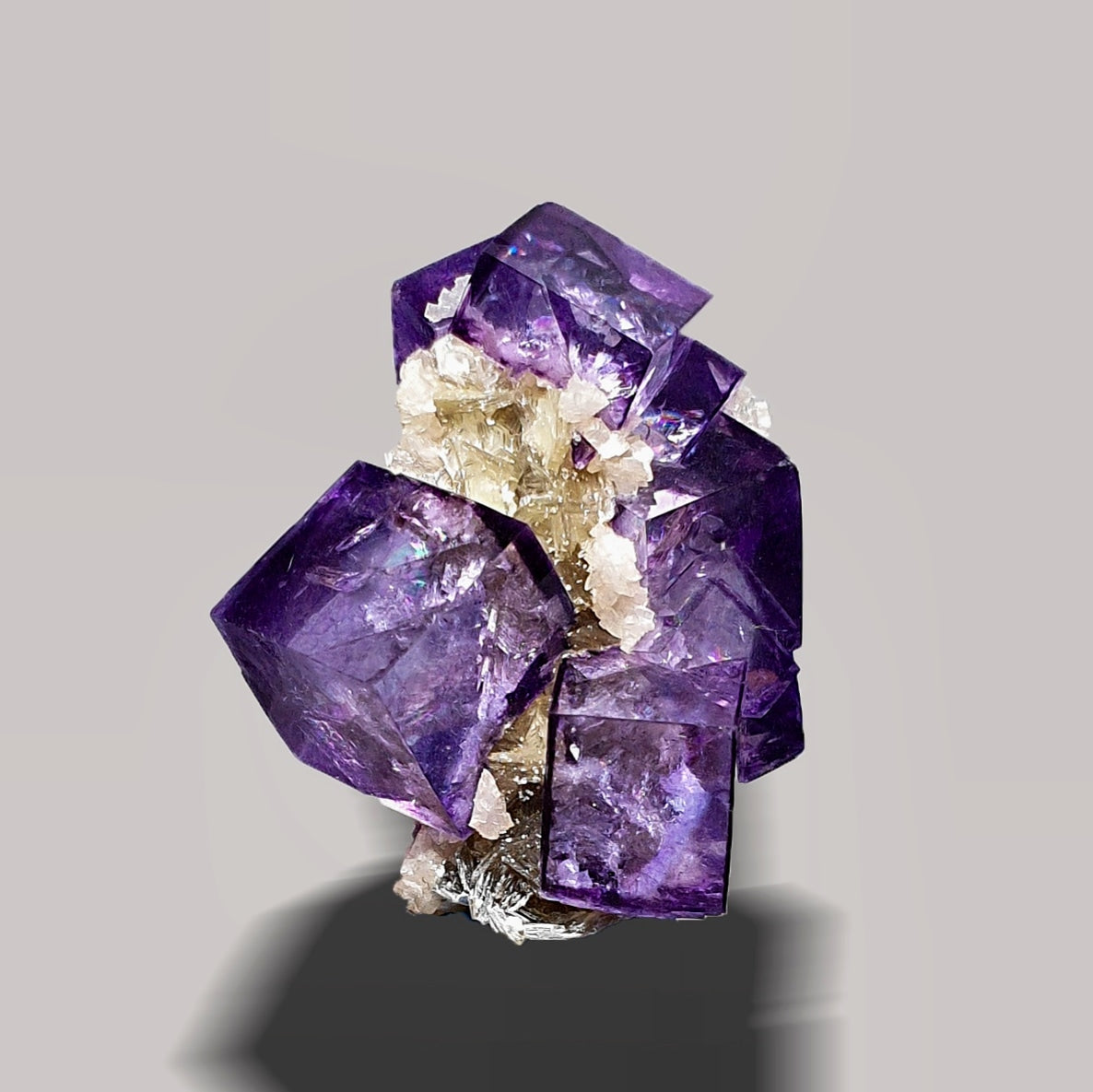  Purple Fluorite Crystals on white background at Gandhara Fine Minerals 