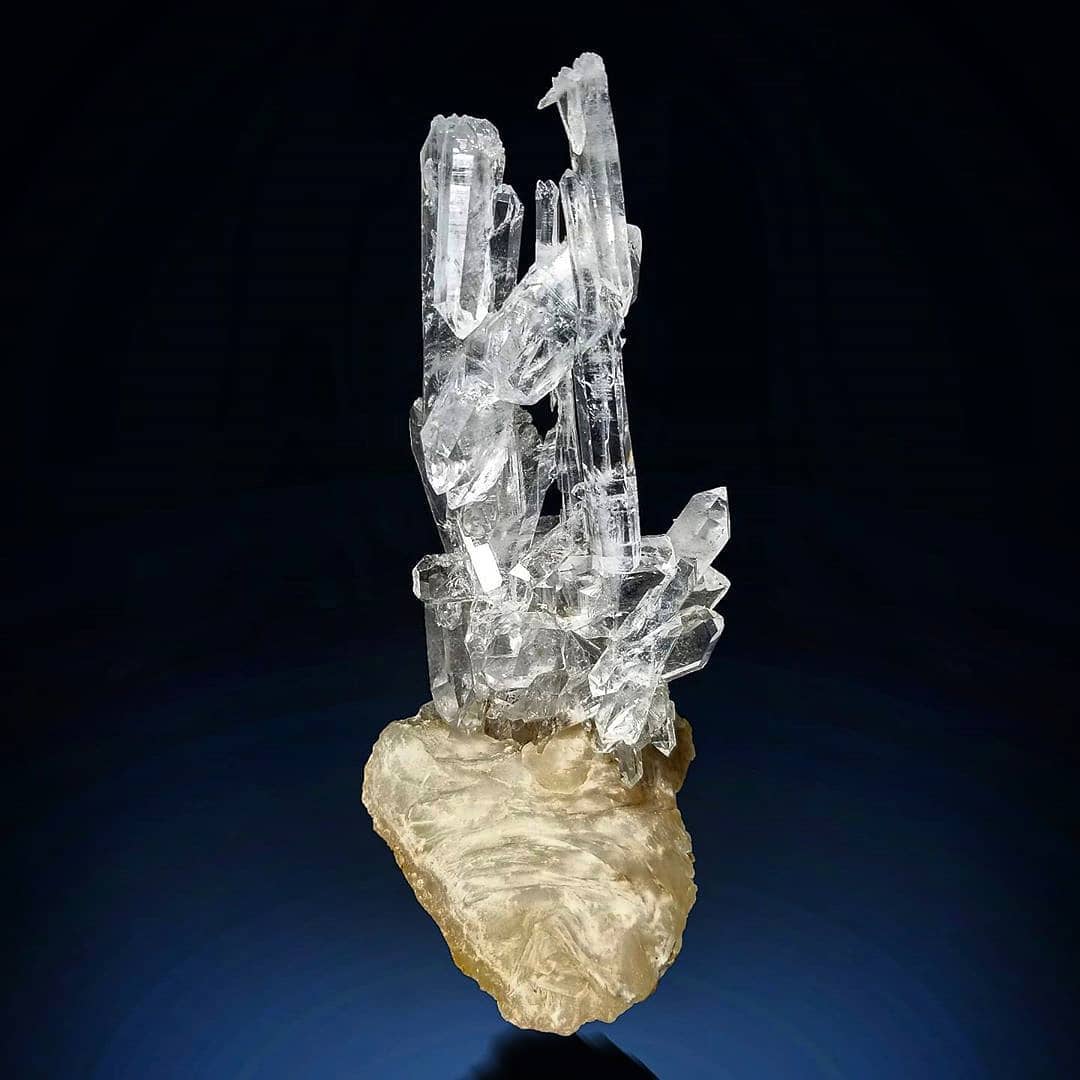 Quartz Crystals on Calcite Matrix on black background at Gandhara Fine Minerals 
