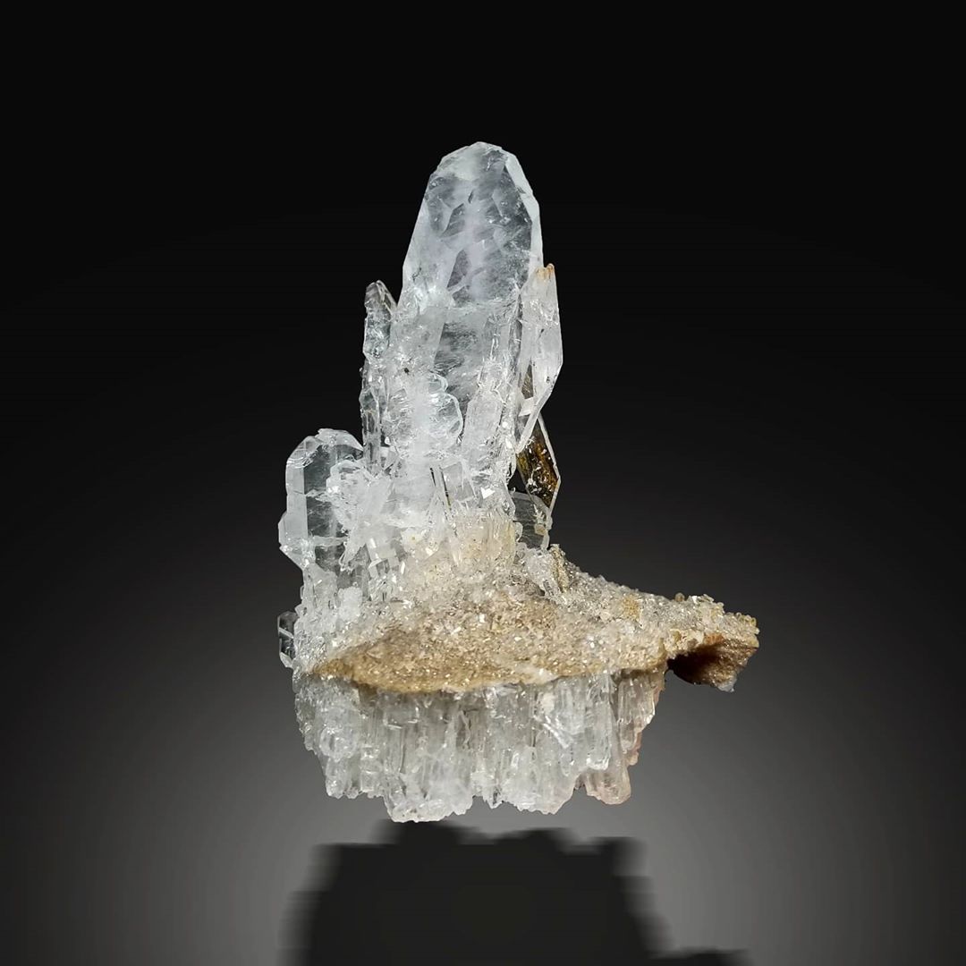  Faden Quartz Crystal on Matrix with Calcite with black background at Gandhara Fine Minerals