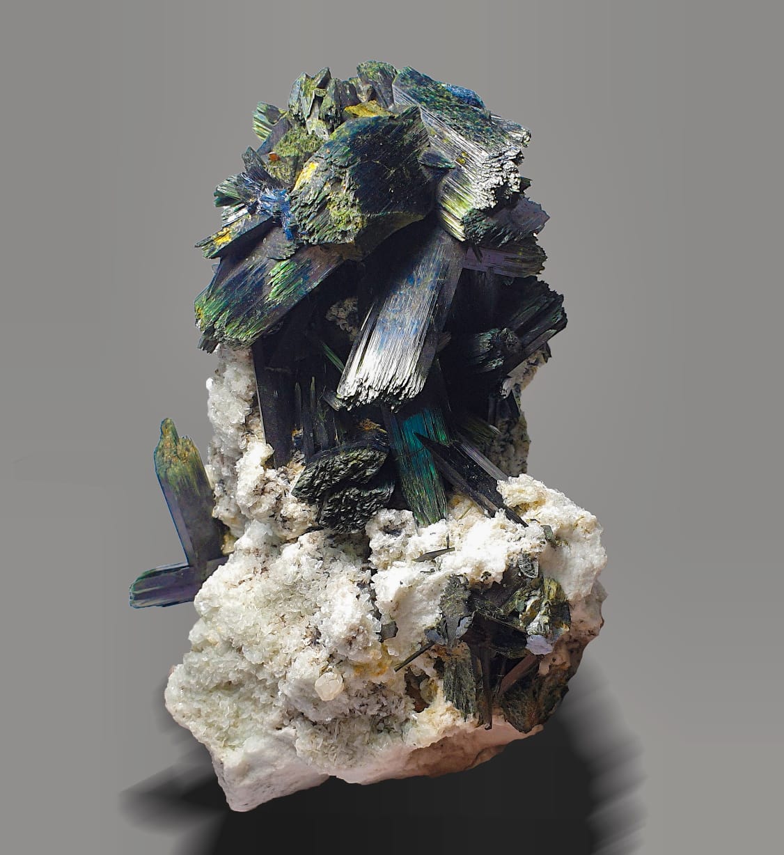 Gorgeous Spray of Aegirine Crystals on Albite Matrix on gray background at Gandhara Fine Minerals 