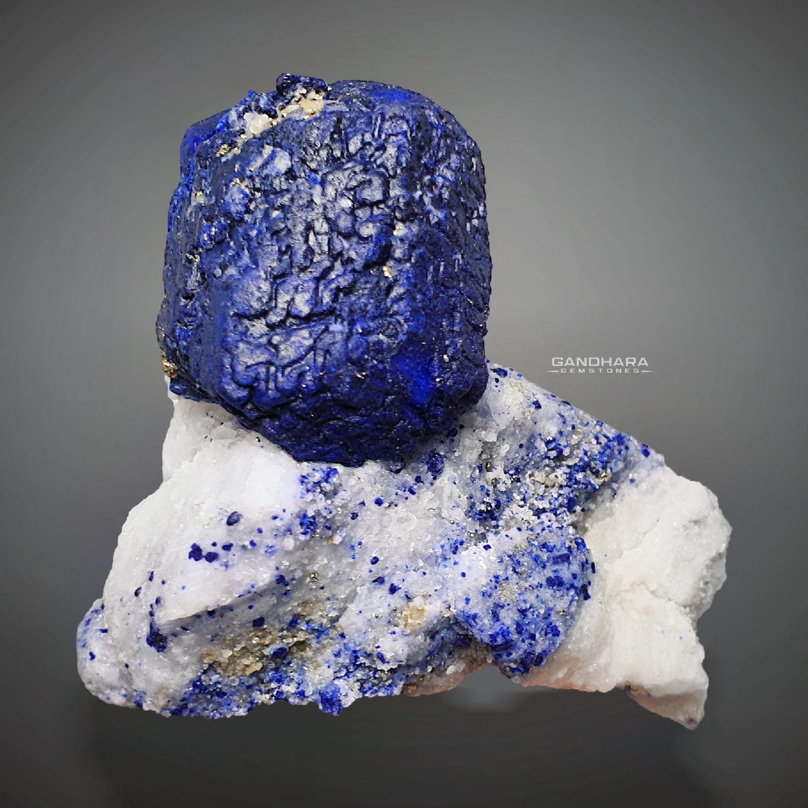 311 Grams Lazurite Crystal Ball perched on Calcite with Pyrite