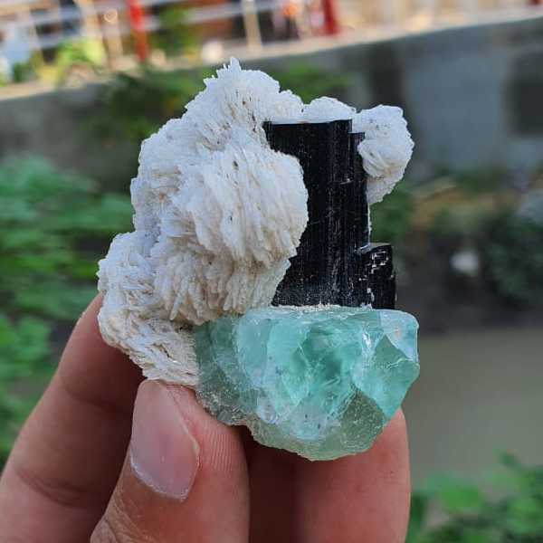 Mineral sample with white and green crystals held by a hand against a blurred natural background