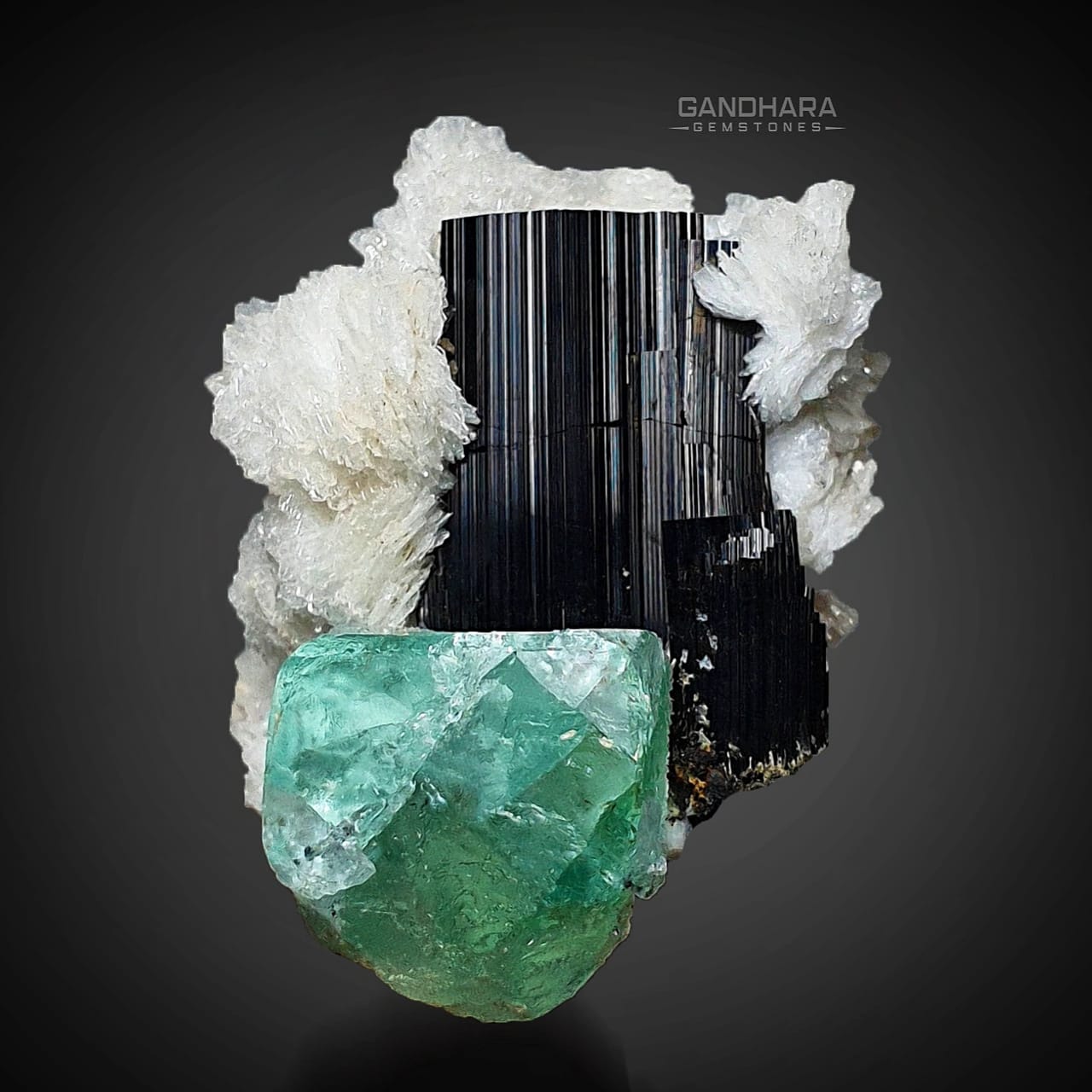 Green Fluorite with Black Tourmaline and Cleavelandite with black background at Gandhara Fne Minerals 