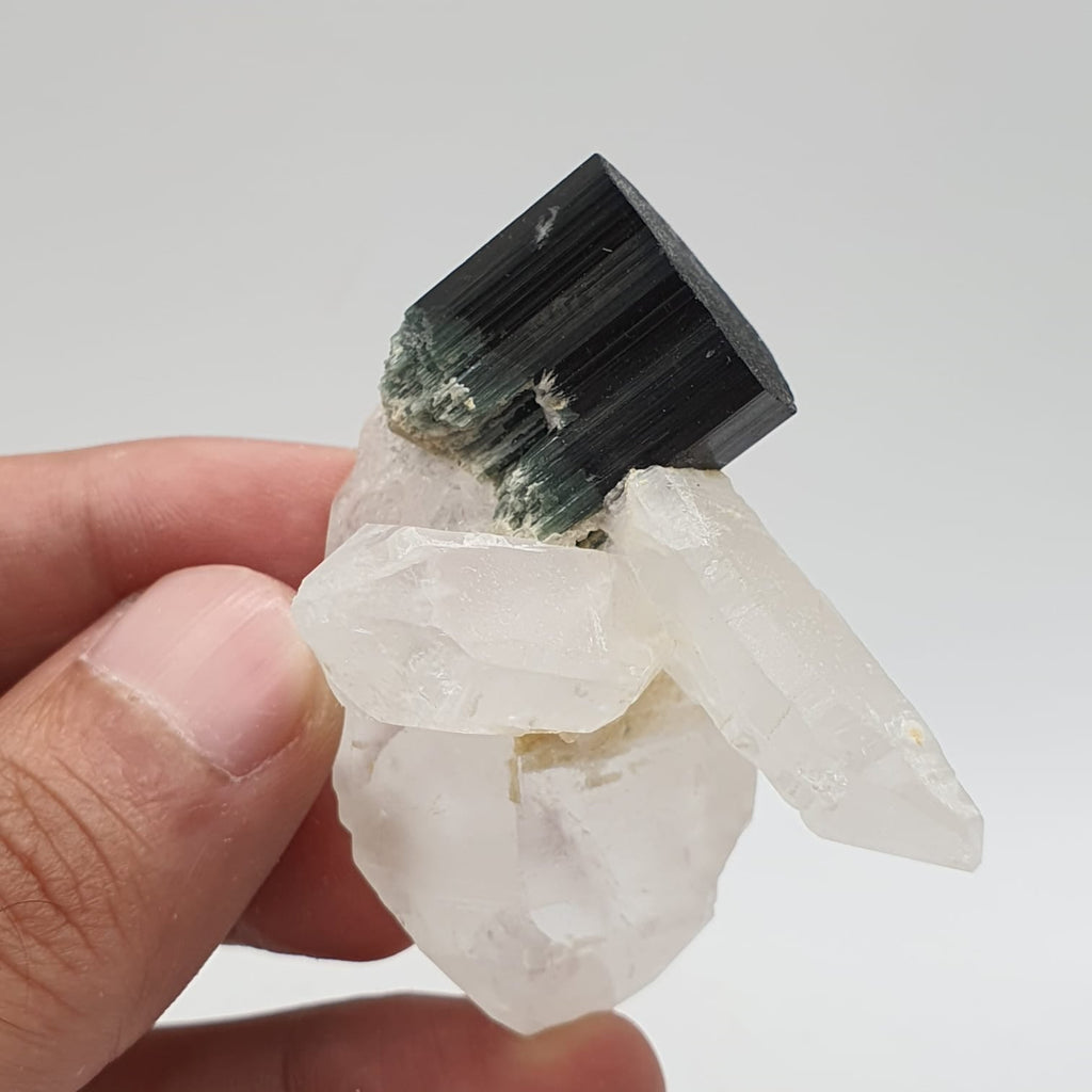 Green Cap Schorl Crystal On Double Terminated Quartz